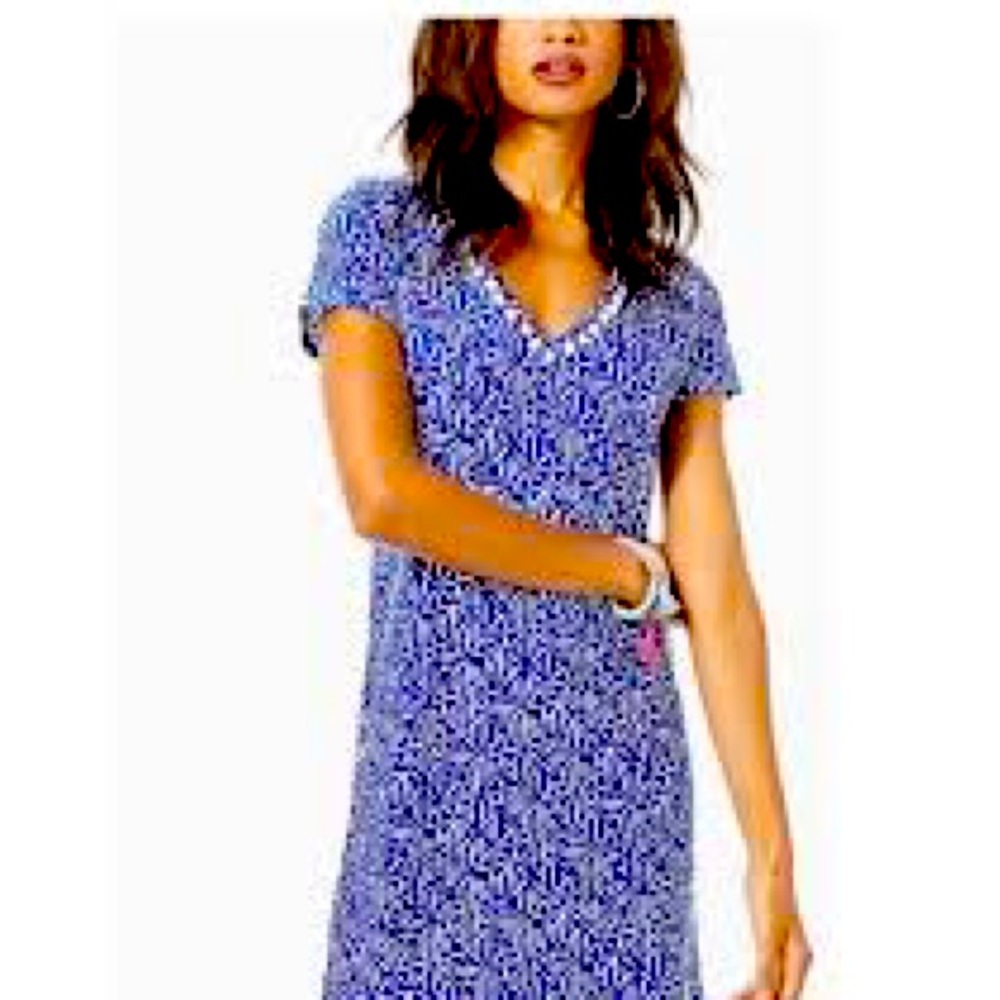 Lily Pulitzer Etta V Neck Dress blue with white. Only worn once! Large